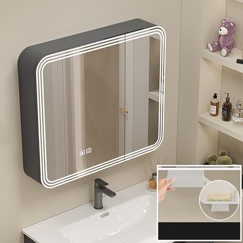Botiquín iluminado con LED, espejo de baño antivaho con nizer, espejo de tocador de aluminio inoxidable montado en la pared, fácil instalación, elegante solución de almacenamiento