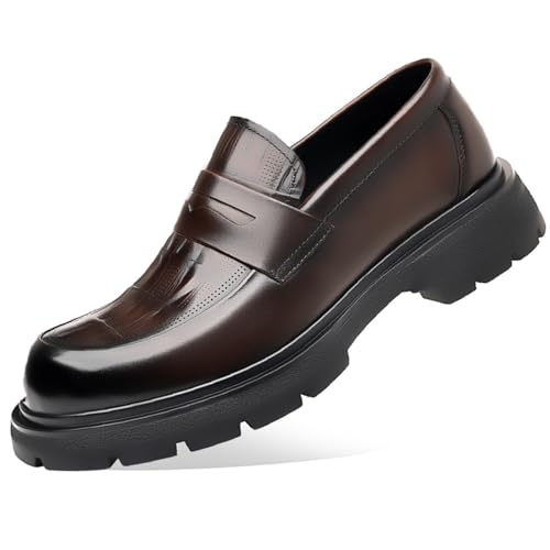 Men's Luxury Genuine Leather Platform Chunky Slip-on Penny Loafers Fashion Round Toe Lug Sole Patent Business Dress Shoes Classic Non-Slip Party Wedding Prom Work Shoes