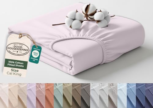 Image of Royale Linens 100% Organic Cotton California King Fitted Sheet - Percale Weave - Soft Deep Pocket Bottom Sheets - Lavender Elastic Sheet - California King Fitted Sheets Only - (72 inchx84 inch+15 inch, Lavender)