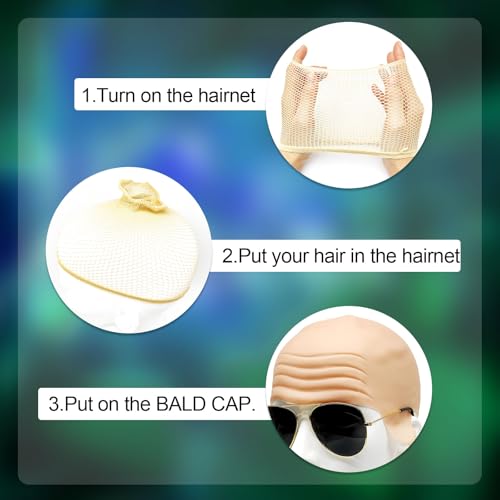 EUPSIIU Latex Glatze Maske Glatzkopf Kappen Set Kahle Haut Dickes Erwachsene Latex Glatze Kappe Elastische Haarnetz Sonnenbrille Perücke Kappe Kostüm Halloween Zubehör Cosplay Hut (3PCS)