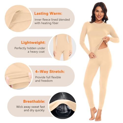 SIMIYA Thermal Underwear Set for Women Long Johns with Fleece Lined Long Sleeves Base Layer Set Top Bottom Nude - Thumbnail 2