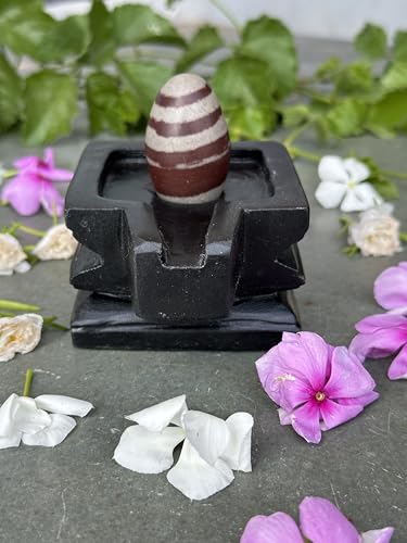 Image of 1.5 inch Original Narmadeshwar Narmada Shivling with 3 inch Narmada Stone Yoni Base Jaladhari (Janeudhari Shivling, Black Square Jaladhari), Nature