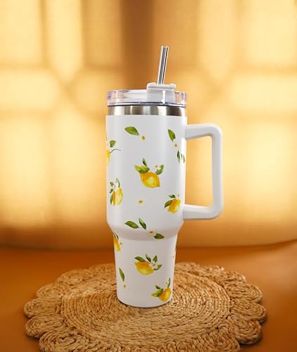 Image of 1200ML Stainless Steel Tumbler Hot and Cold with Handle and Lid and 2 Straws, Double Insulated Cup Leak Proof Mug Cupholder for Gym, Travelling (White Summer Lemons)