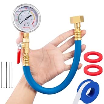 Water Pressure Test Gauge Kit, 2.5" Dial, 12" EPDM Rubber Hose, 1/4" Lead-Free Valve & Adapter, 0-200 PSI/0-1.4 MPa, Blue