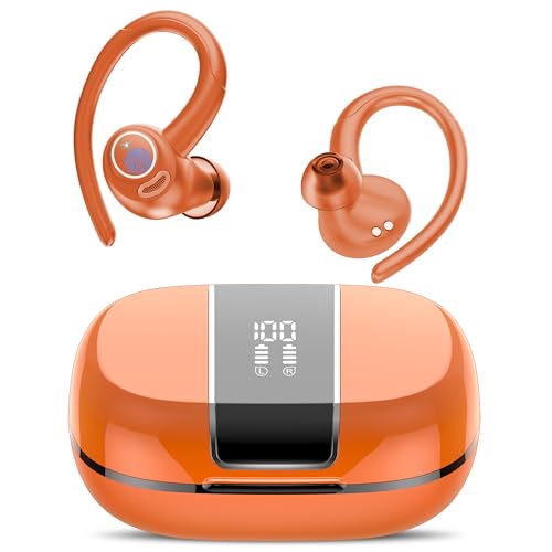Image of Wireless Earbuds Bluetooth 5.3 Headphones Sports, 48H Earphone with ENC Mic, Stereo Deep Bass Bluetooth Earbuds with Secure Earhooks, LED Display, IPX7 Waterproof Over Ear Bud for Running Amber Orange