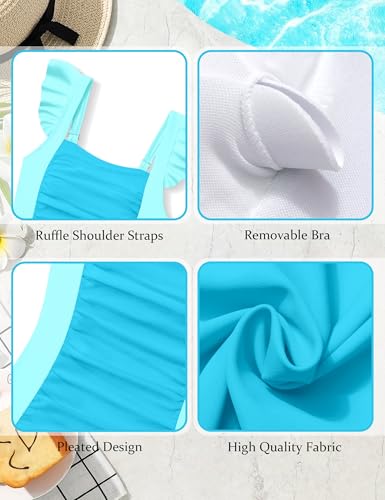 Image of Girls Swimsuit Ruffle Solid One Piece Bathing Suits 7-18 Years | Teen Bathing Suits for Girls Ruched Sleeveless Girls' Swimwear