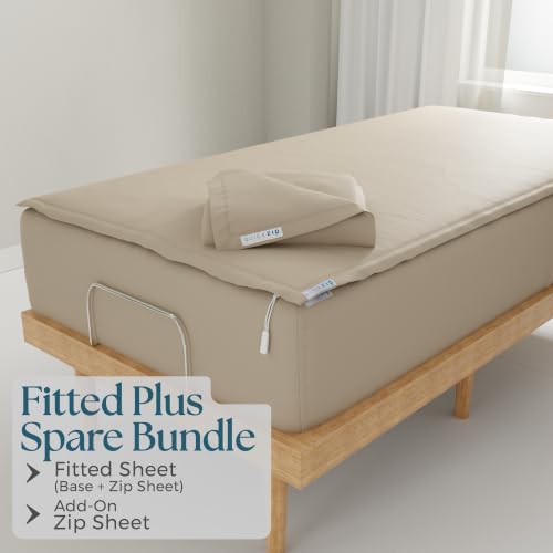 Image of QuickZip Fitted Plus Spare Bundle: 1 Fitted Sheet (Base + Zip Sheet) & 1 Zip Sheet - Easy to Change, Won't Pop Off - Soft Sateen 400 TC 100% Cotton - 15 inch Deep Pockets Twin XL Size Sheets - Sand