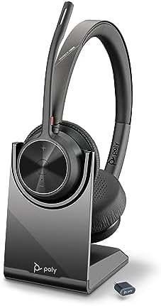 Poly Voyager 4320 UC Wireless Headset & Charge Stand (Plantronics) - Stereo Headphones w/Noise-Canceling Boom Mic - Connect PC/Mac/Mobile via Bluetooth - Works w/Teams, Zoom, & More - Amazon Exclusive