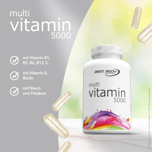 Best Body Nutrition Multi 5000 Kapseln – Multivitamin Tabletten 100 Stück/Dose – Vitamin B1, B2, B6, B12, C, E, Niacin, Folsäure, Biotin – Unterstützt Immunsystem – kann bei Müdigkeit unterstützen