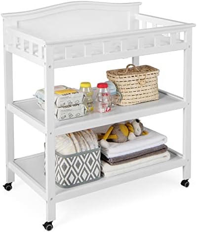 Costzon Baby Changing Table, Infant Diaper Changing Station w/Waterproof Changing Pad, Safety Strap, Storage Shelves, Mobile Nursery Organizer for Newborn, Portable Changing Table with Wheels (White)