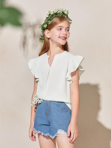 Image of Haloumoning Girls Summer T Shirts Kids Fashion V Neck Ruffle Short Sleeve Tops Blouse 5-14 Years