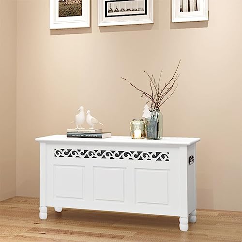 Cartvyn Banco de almacenamiento de estilo barroco de MDF blanco, banco con espacio de almacenamiento, 96 x 32 x 51 cm, baúl acolchado como banco de almacenamiento para vestíbulo y dormitorio