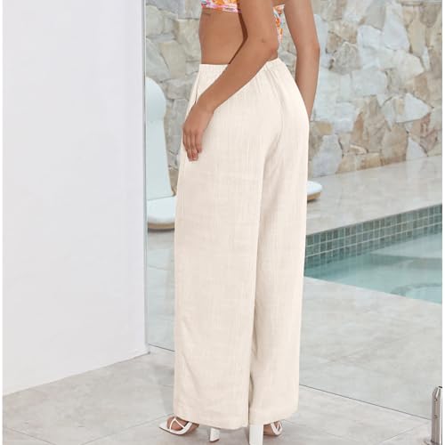 Image of Duyang Womens Cotton Linen Palazzo Pants Drawstring Elastic Waist Casual Wide Leg Trousers with Pockets