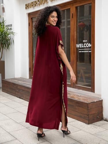 Image of KECVOT Kaftan Dresses for Women Embroidered Short Sleeve V-Neck Plus Size Caftan Bikini Swimsuit Cover-Up Long Beach Dress