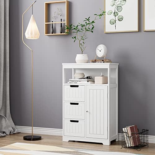 HOCSOK Bathroom Cabinet, Wooden Cupboard with 3 Drawers, Floor Cupboard for Living Room, Kitchen, Entryway, White