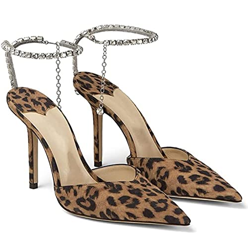 Image of LauraVicci Women's Heeled Sandals Crystal Chain Ankle Straps Rhinestones Buckle High Heels Stiletto Slip On Wedding Party Satin Dress Shoes
