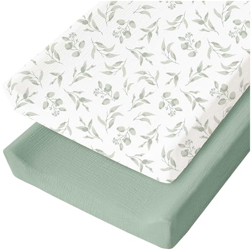 Image of Konssy 2 Pack Muslin Changing Pad Covers for Boys, Ultra Soft & Breathable Cotton Baby Diaper Changing Table Covers, Neutral Nursery Diaper Changing Pad Sheets (Green, Green Leaves)
