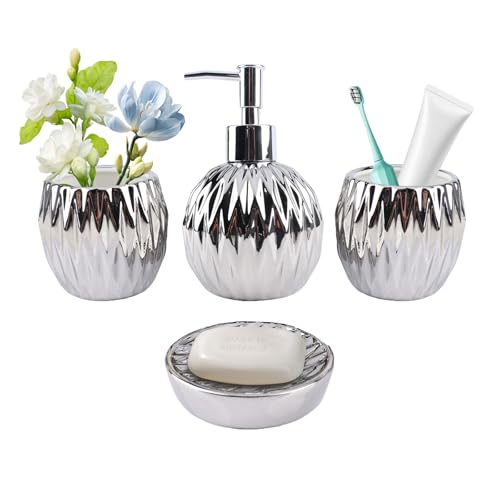 4PCS Bathroom Accessories Sets, Ceramic Bathroom Organizer, Soap/Lotion Dispenser, Toothbrush Cup, Bathroom Counter Soap Set for Home Hotel Bathroom Countertop (Silver)
