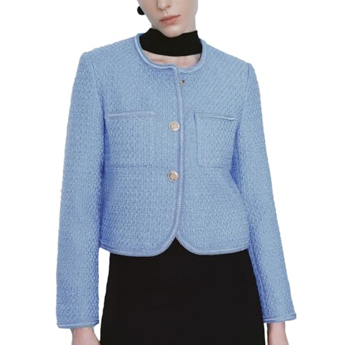 URBAN REVIVO Womens Tweed Blazers Jacket Cropped Long Sleeve Casual