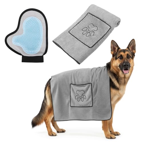 RoxNvm Asciugamano Cane, Asciugamano per Cani con Guanti per Lavare i Cani, Asciugamani per Cani 100 x 50 CM, Assorbe e Asciuga Rapidamente Asciugamani Microfibra, Guanto Pelo Gatto, per Cani e Gatti