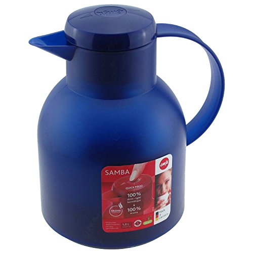 Emsa Samba Isolierkanne 504231 | 1 Liter | Quick Press Verschluss | 100% dicht | 12h heiß, 24h kalt | Transluzent Blau | Polypropylen