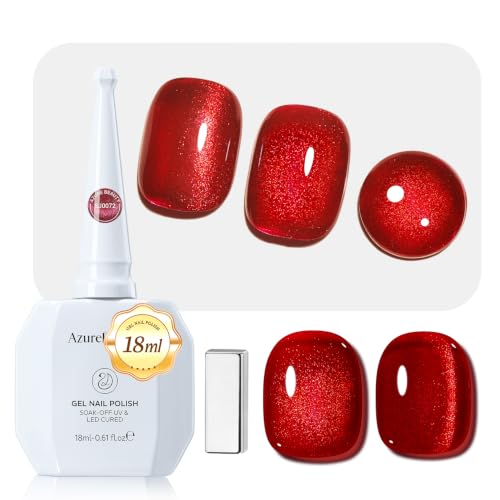 Image of AZUREBEAUTY 18ML Red Ruby Cat Eye Magnetic Gel Nail Polish | Red Glitter Gel Polish Magnetic Shimmer Effect Soak Off UV French Nail Art Design Salon DIY Manicure Gift for Women