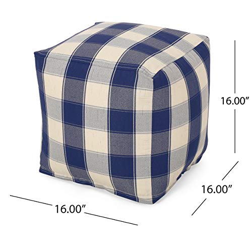 TREATLIFE HOME Seating Solution with Checkered Square Pouf, Soft Fabric, Multi-Use Ottoman or Floor Cushion, Ivory and Navy Blue