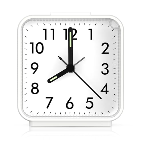 AMIR Analog Silent Non Ticking Small Clock, Travel with Snooze & Light, Ascending Beep Sounds, Battery Operated Loud Alarm Clock for Bedroom (White)