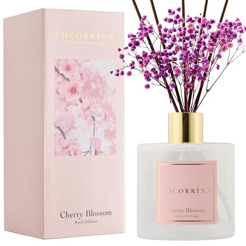 Image of COCORRINA Reed Diffuser - Cherry Blossom 17 Fl.oz Reed Diffuser with 8 Sticks Scented Diffuser with Preserved Flowers for Bathroom Home Decor
