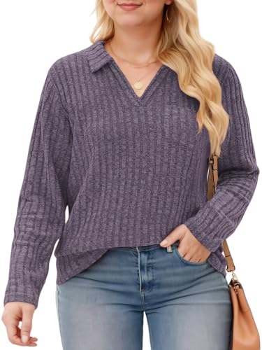 Image of VISLILY Womens-Plus-Size-Tops Collared V Neck Polo Shirts Lightweight Long Sleeve Sweaters Trendy Pocket Decor Tunic Blouses