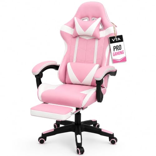 VTA Sedia Gaming Ergonomica Reclinabile 90°-135° con Poggiapiedi Estraibile – Poltrona Gaming con Cuscino Lombare e Cervicale, Altezza Regolabile, Rotazione 360°, 5 Ruote, Portata 130 kg (Bianco/Rosa)