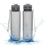 Botella de agua de 1 litro con tapa abatible a prueba de fugas, color gris, botella de agua deportiva motivacional de 1000 ml, a prueba de fugas, fácil de abrir, correa de transporte para deportes al