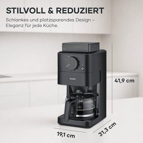 Severin Filter-Kaffeemaschine mit Glaskanne, individueller Mahlgrad, 10 Tassen, 1,25L, Tropfstopp, inkl. Löffel, Permanentfilter, Reinigungsbürste, automatische Abschaltung, 1000W, schwarz, KA 9215 2