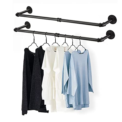 Fobule 36” Wall Mounted Clothes Rack, Industrial Pipe Black Iron Garment Bar, Heavy-Duty Detachable Clothing Rod, Multi-Purpose Metal Wall display Hanging Pole for Closet Storage (Set of 2)