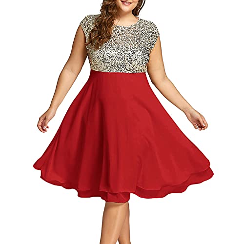 Womens Elegant Homecoming Dresses, Plus Size Sleeveless Lace Swing Flowy Glitter Sequin Sparkle Crewneck Party Dresses