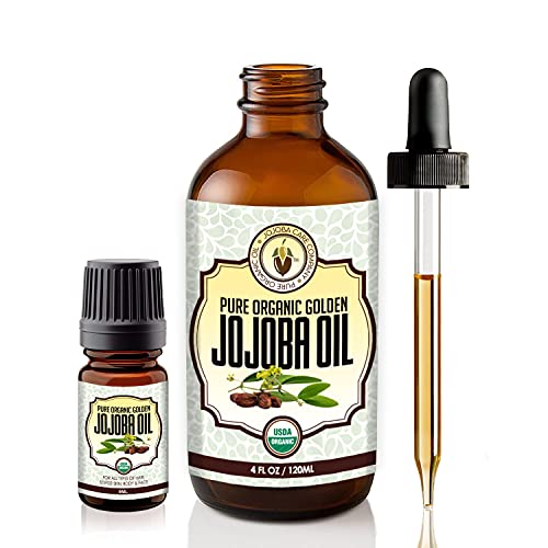 BodyJ4You Organic Jojoba Oil – Cold Pressed USDA Certified 100% Pure Unrefined Wax – Natural Hair Growth Glowing Skin Face Oils Natural Nails – Essential Carrier Massage – 4.22 Fl Oz