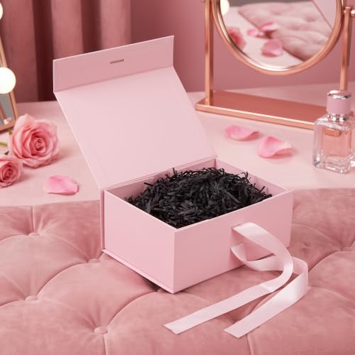 Image of RBS-Pink Gift Box with Black Filler 23x16x10cm Empty Hamper Box for Gifting Holds Upto 5kg Sturdy Cardboard Gift Boxes 25g Decorative Shredded Paper Birthday, Christmas, Diwali Packing (Black Filler)
