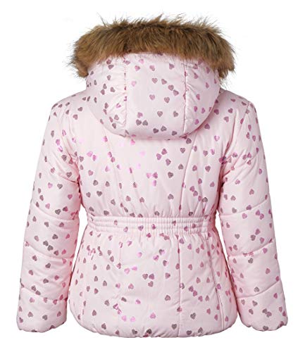 Sportoli Girl Winter Dot Heart Foil Print Puffer Jacket Coat Faux Fur Trim Hood - Pink Hearts (Size 6X)3