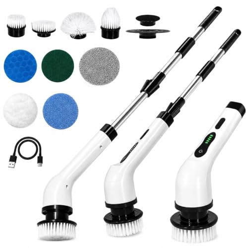 Image of Electric Spin Scrubber with Detachable Telescopic Handle, Rechargeable Cleaning Brush with Multiple Brush Heads and Pads, Battery Indicator Display