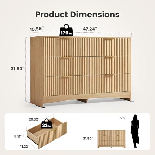 Image of Amada Fluted 6 Drawer Dresser, Modern Wood Chest of Drawers with Rounded Corners, Pre-Installed Drawer Slides, Dresser TV Stand and Storage Organizer for Bedroom, Nursery, Natural Oak