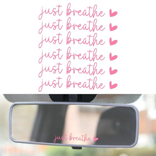 Image of 6pcs Just Breathe Rearview Mirror Stickers, Adorable Car Rear View Mirror Decal Inspirational Vinyl Stickers Decorations for Men Women Funny Car Decor Accessories Gift (Pink)