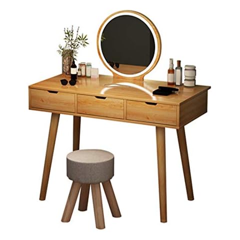 Qingsm Vanity Table Set with Round Mirror 3Large Drawers, Dressing Table Vanity Makeup Table with Cushioned Stool for Women,Girls（Nature） Cover