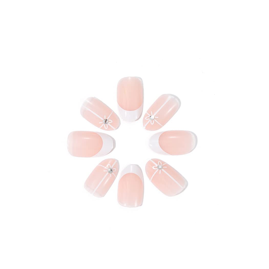 Vatocu Oval Glossy False Nails French Pink Fake Nails Short White Lines Press on Nails Nude Flower Acrylic Stick on Nails for Women and Girls (24pcs) - Image 3