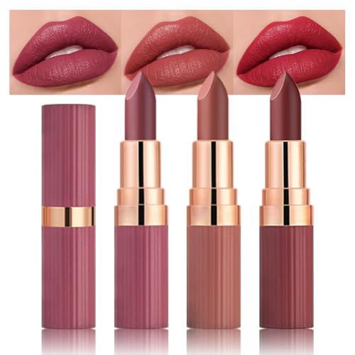evpct 3Pcs Matte Creamy Lipsticks Set, Maroon Wine Coral Ruby