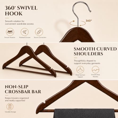 Image of Ash & Roh - Wooden Suit Hangers - Smooth Finish Solid Wood Coat Hanger with Non Slip Pants Bar, 360 Swivel Hook and Precisely Cut Notches Camisole, Jacket, Clothes Hangers (Cherry Hanger, 24)