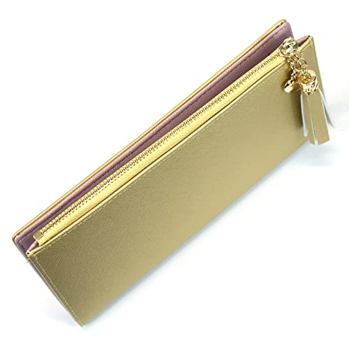 Wallets For Women Leather Cell Phone Case Holster Bag Long Slim Credit Card Holder Cute Minimalist Coin Purse Thin Large Capacity Zip Clutch Handbag Wallet For Girls Ladies (Gold) #TOP2