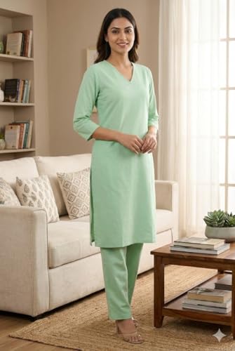 Image of JAIPUR HAND BLOCK Women's Cotton plain Straight Salwar Suit | V-Neck | 3 /4th Sleeve | Regular Fit | Daily, Office & Ethnic Wear(ST00125-V-NEW)