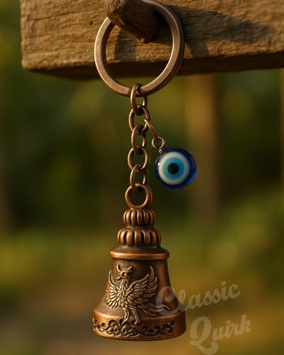 Image of Evil Eye Hooked Guardian Bell Keychain - Protective Lucky Charm Bell with Clip Hook for Bike, Car, Key & Bag | Spiritual Good Luck Talisman Gift