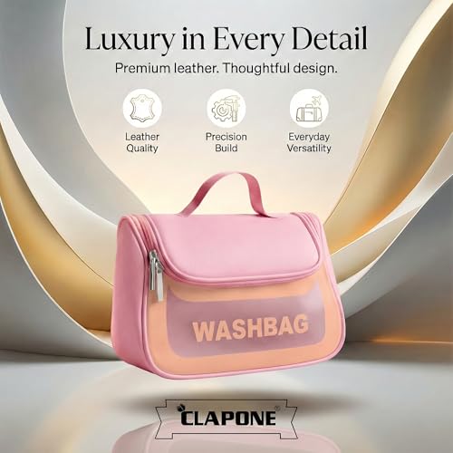 Image of Cosmetic Bag for Women, PU Leather Makeup Pouch, Large Capacity Travel Makeup Organizer with Divider & Handle, Waterproof Portable Vanity Storage Bag for Toiletries (Washing Bag-Pink)