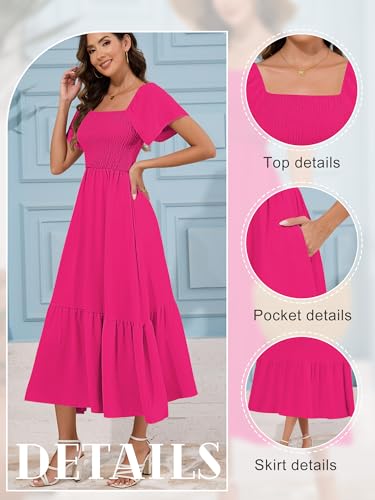 Image of Women's Summer Causal Dress Flowy Maxi Dress Square Neck Sleeve Tiered Smocked with Pockets(Hot Pink,Medium)